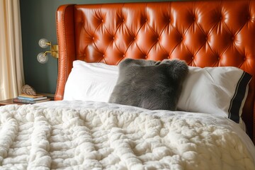 Wall Mural - bed with leather headboard and plush, weighted blanket