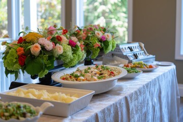 Poster - buffet table set with dishes and flowers