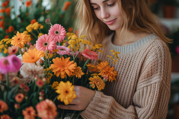 Canvas Print - Someone arranging flowers mindfully, focusing on the colors and arrangement. Concept of mindfulness in simple tasks and nature's beauty. Generative Ai.