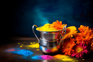 happy Holi ! Bright yellow powder in a metal bucket with floral background.