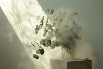 Canvas Print - eucalyptus branches on podium, steamy shower blur