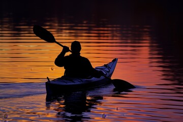 Wall Mural - silhouette of a kayaker at sunset, water reflecting colors