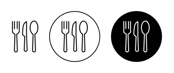 Cutlery Icon Set. Fork Knife Spoon Tableware Restaurant Vector Symbol in a black filled and outlined style. Dinner Dining Plate Sign.