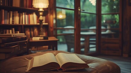 Wall Mural - an open book laying on top of an ottoman in front of a bookcase