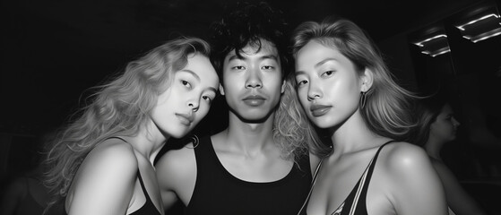 Black and white image featuring an Asian man standing between two white women in a night club.