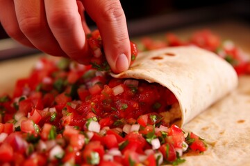 Poster - person garnishing a burrito with fresh salsa