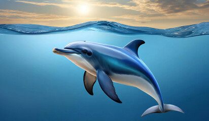 playful dolphin leaps out of the water at sunset, dolphin's body is arched in a graceful jump, colorful sky from the dark blue ocean.