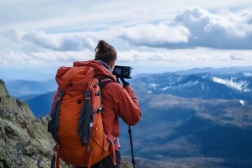 Wall Mural - hiker with panoramic camera capturing the summit view