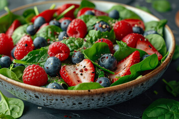 Wall Mural - A spinach and berry salad with a vinaigrette, a high-antioxidant and vitamin-rich meal. Concept of fresh and healthful salad options. Generative Ai.