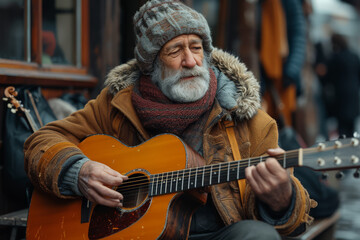 Sticker - A street musician passionately playing an acoustic guitar, sharing his art with passersby. Concept of living authentically through art and music. Generative Ai.