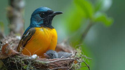 Wall Mural - Olive backed sunbird (Yellow-bellied sunbird), Father bird feeding baby in the nest with nature.