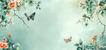 Green Background With  Flowers, Butterfly And Plants On The Edges. Nature Frame