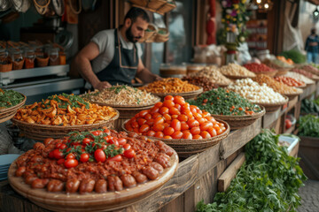 Wall Mural - A street market with stalls selling diverse ethnic foods, symbolizing the fusion of different cuisines. Concept of culinary diversity and cultural exchange. Generative Ai.