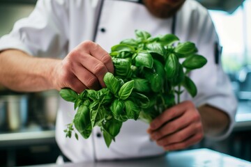 Wall Mural - chef inspecting a bouquet of fresh basil before chopping