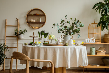 Warm and spring dining room interior with easter accessories, round table, vase with green leaves, cake, colorful eggs, rabbit sculpture and personal accessories. Home decor. Template.