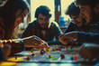 Dynamic Board Game Session: Energetic Young Adults Engrossed in Playful Competition, Radiating Vibrant Atmosphere of Friendship and Shared Joy