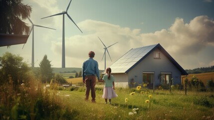 Rear view of a father and daughter standing near a house with a roof made of solar panels against the background of wind turbines on a sunny day. Renewable environmentally friendly electric energy.