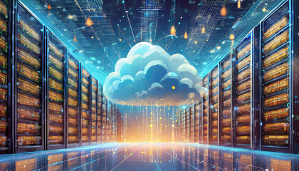 Data server room with a virtual cloud, illustration