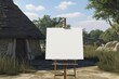 empty canvas on easel before a reconstructed neolithic home