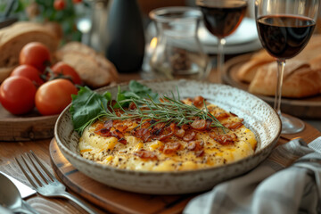 Canvas Print - A food photograph with a rustic table setting, edited to emphasize warm, earthy tones. Concept of culinary delights in a vintage setting. Generative Ai.