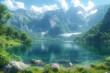A panoramic view of a pristine mountain lake surrounded by lush greenery, capturing the serenity and untouched beauty of a remote wilderness. Concept of unspoiled mountain landscapes. Generative Ai.