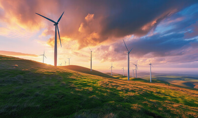  wind turbines on a field at sunset,Wind turbines on beautiful sunny summer autumn mountain landsape.