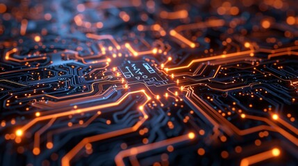 Circuit board-inspired patterns with glowing circuits and digital elements