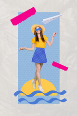 Sticker - Vertical creative picture collage young happy joyful girl walk seaside summer vacation stylish skirt sunglass carefree journey tourism