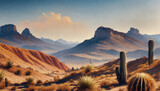 Fototapeta  - Texas Mountain Desert Landscape: A backdrop of rugged mountains and desert terrain in Texas, evoking the adventurous spirit of the Wild West
