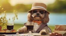 Stylish Pet In Shades And Picnic Attire,  Ready For A Day Outdoors With A Natural Backdrop