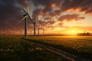 Wall Mural - Wind power plant at sunset