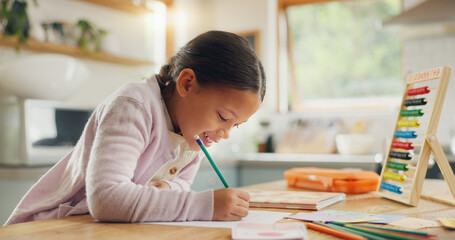 Sticker - Learning, writing and happy girl child in a kitchen with maths, homework or counting practice in her home. Education, creative and kid student smile while drawing on table for homeschool art lesson