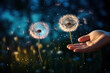 A pair of hands releasing dandelion seeds into the wind, symbolizing the dispersal of hopes and dreams in the pursuit of freedom. Generative Ai.