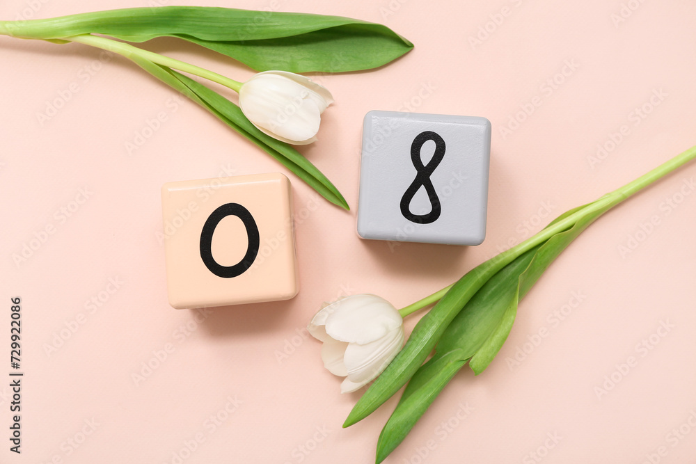 Cube calendar with date 08 and beautiful white tulips on pink background. International Women's Day