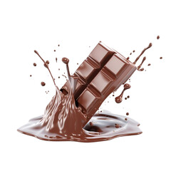 Canvas Print - chocolate bar piece falling into chocolate splash on a transparent background.