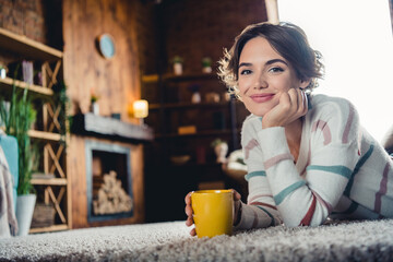 Sticker - Profile photo of stunning lovely girl lay carpet floor hand touch cheek hold coffee mug pastime coziness apartment inside