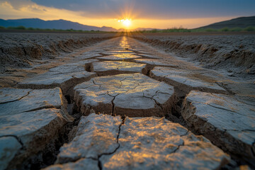 Wall Mural - A photograph of a drought-affected area, showcasing the need for water conservation practices. Concept of water scarcity and sustainable usage. Generative Ai.