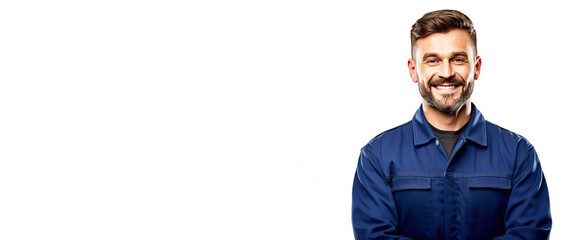 Close up of male car mechanic smiling, successful service, white background isolate.