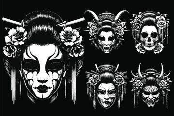 Set Art Dark Geisha Japanese Oriental Girl Skull Mask Art Tattoo Grunge Vintage Style illustration