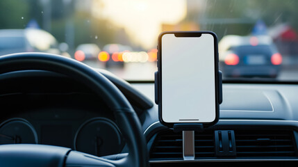 Smartphone in a car use for Navigate or GPS. Mobile phone with isolated white screen. Blank empty screen. Copy space. Empty space for text. Mock up smart phone in car.