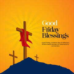 Good Friday Blessings Poster - Cross and Sunset: Honor Good Friday with this peaceful poster featuring a cross and a beautiful sunset, symbolizing blessings and reflection.	