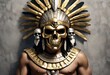 Image of a young Aztec Aztek  God with a scary skull metal mask made of gold and silver colors