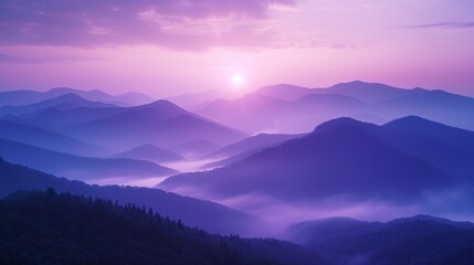 Wall Mural - Mountain Mist at Dawn: Shades of purple and blue shrouded in mist evoke the majesty of mountains at sunrise.