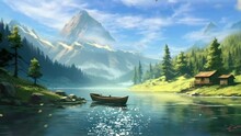 Serene Reflections: A Scenic View Of Lake, Towering Mountains, And A Wooden Boat On Calm Waters. Animated Fantasy Background, Watercolor Painting Illustration Style, Seamless Looping 4K Video