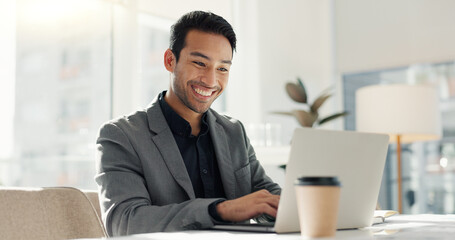 Poster - Happy man in office with laptop, market research and notes for social media review, business feedback or planning. Thinking, search and businessman networking online for startup, website and report.