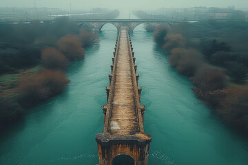 Sticker - A drone capture of a bridge spanning a vast river, illustrating human engineering and natural beauty. Concept of connectivity and architectural marvels. Generative Ai.