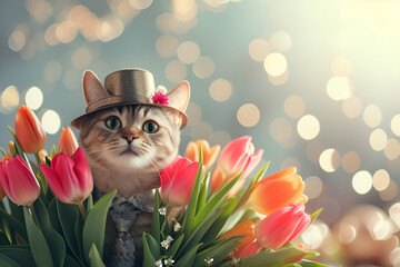Wall Mural - banner or postcard for March 8, a cat in a hat holds tulips in his paws with free space