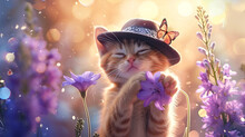 Birthday Card Or February 14th, Cute Cat In A Hat With A Butterfly In Flowers On A Light Background With Bokeh Free Space And Place For Text