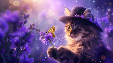 Wall Mural - banner or card for birthday or March 8, cat in a hat with flowers in his hand on a purple background with free space and place for text