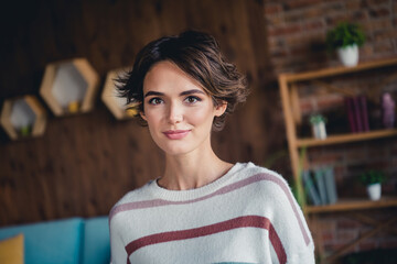 Sticker - Photo of adorable satisfied glad young girl good mood enjoy spend free time weekend comfy house indoors